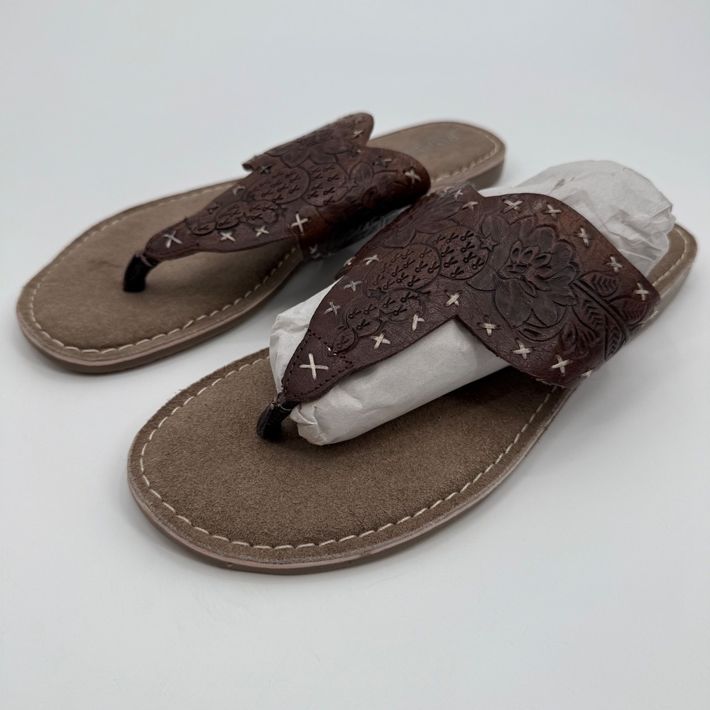 Roper Thong Sandals Womens Size 11 Brown Leather Floral Embossed Shoes‎
